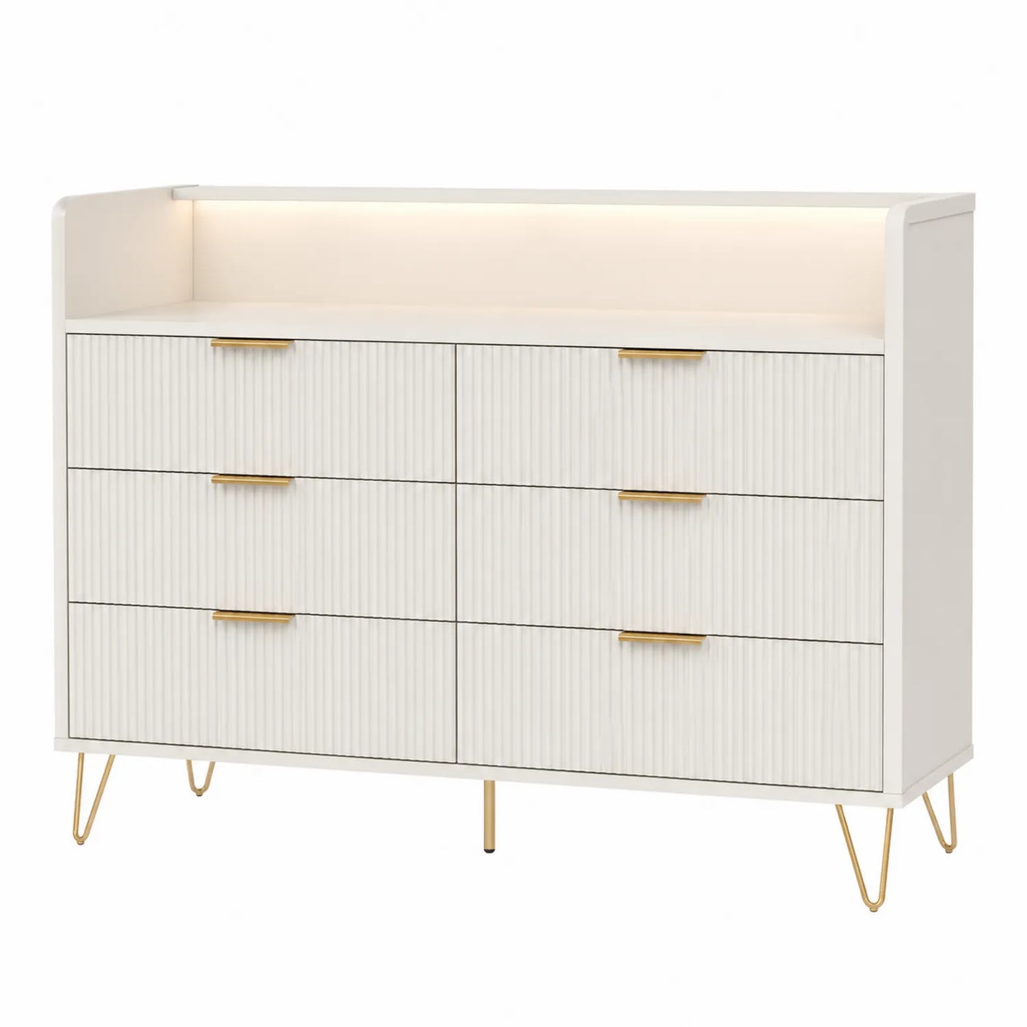 Commode en bois MDF blanc à 6 tiroirs avec poignées métalliques dorées et éclairage LED