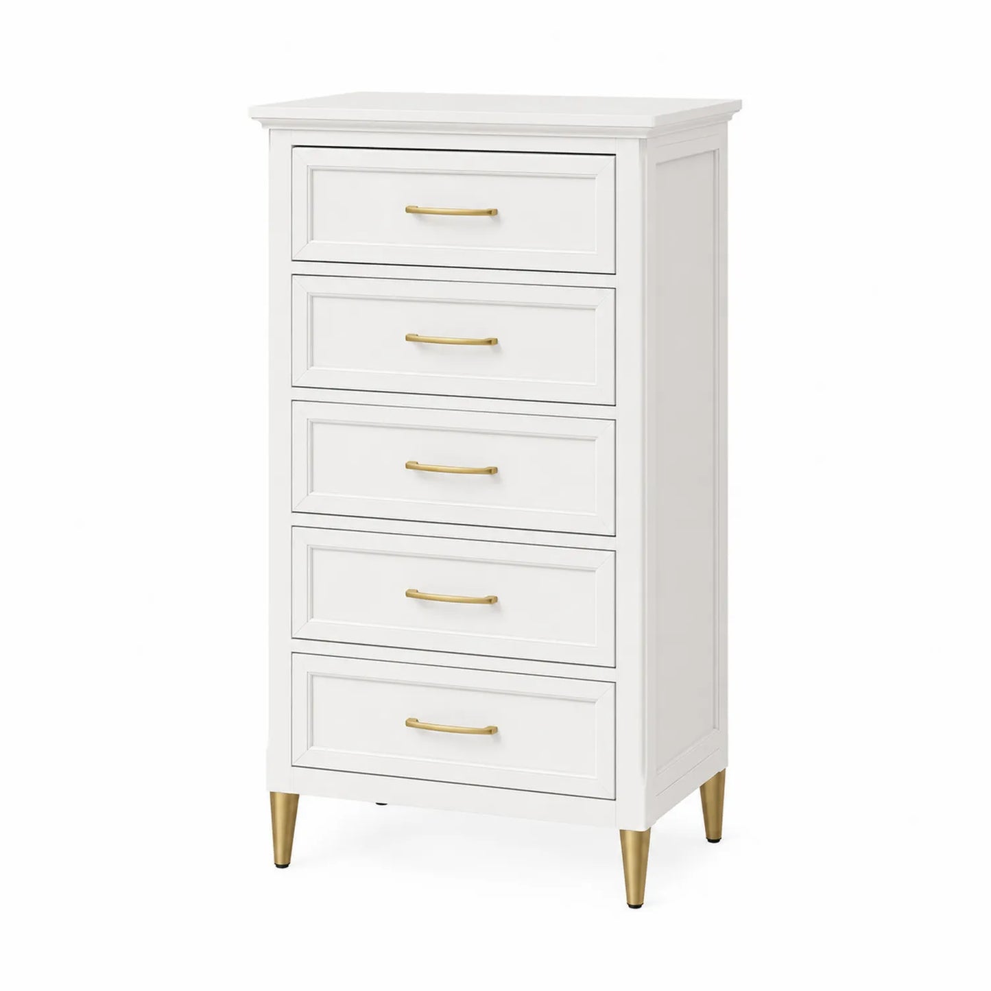 Commode à 5 tiroirs en bois MDF blanc avec poignées et pieds dorés