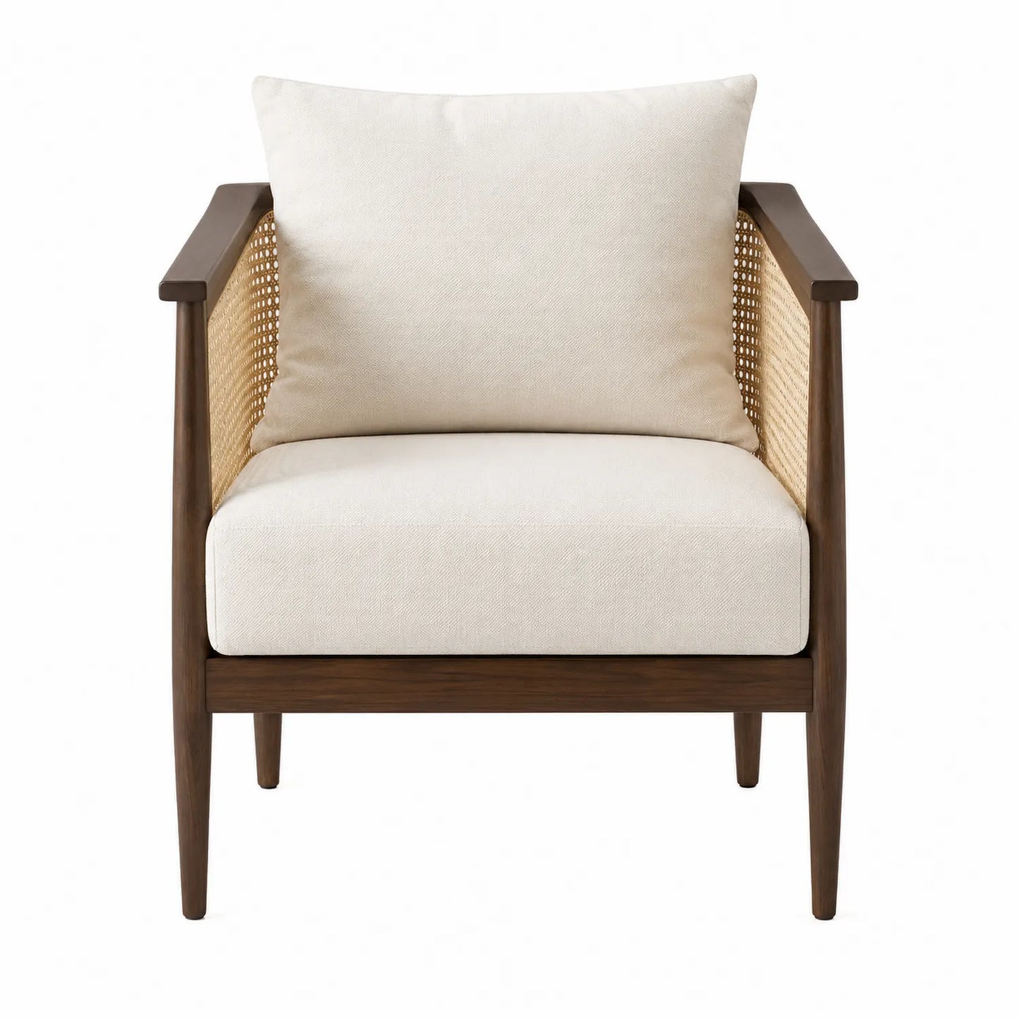 Fauteuil en bois et rotin avec coussin beige
