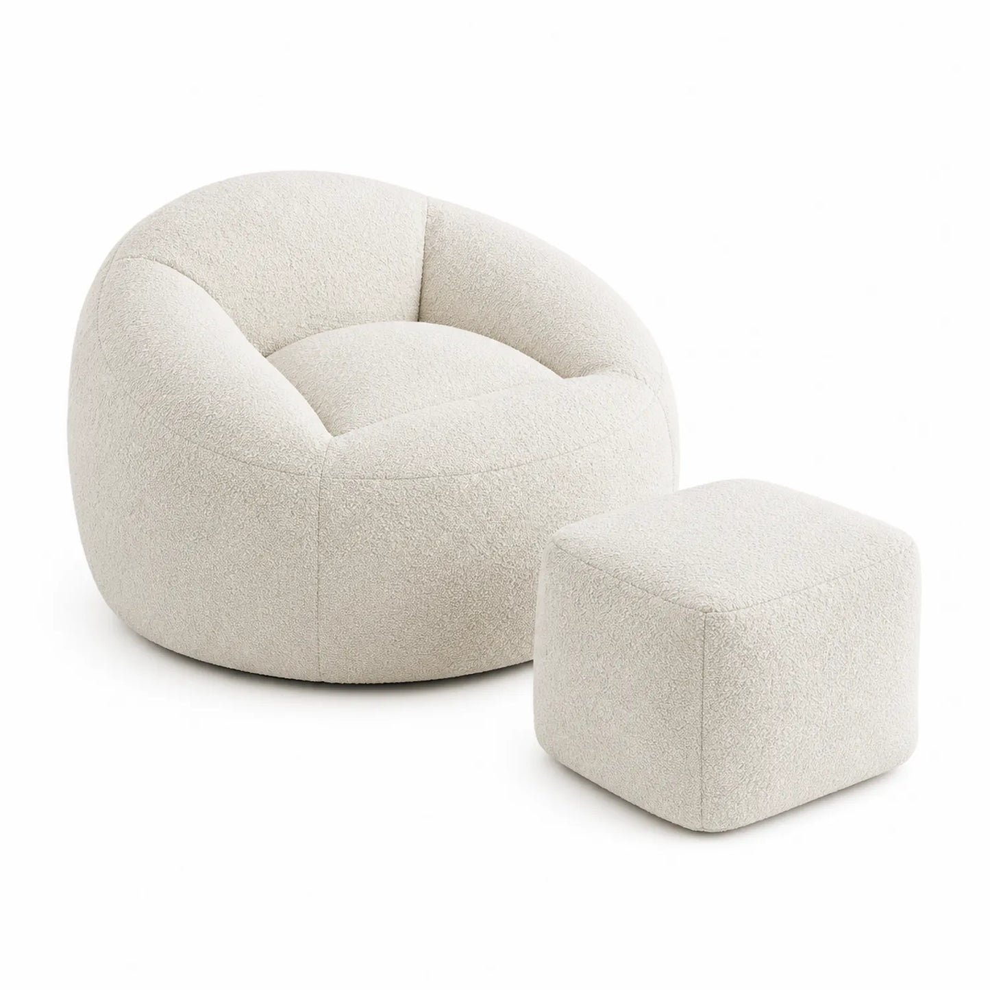 Ensemble fauteuil et pouf en tissu bouclé crème