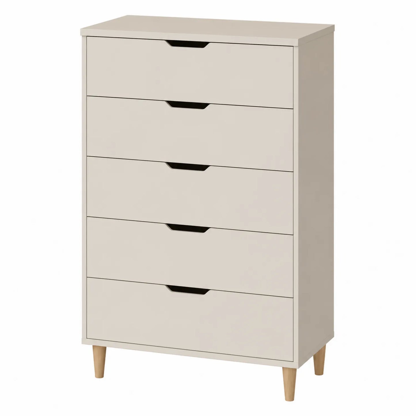Commode 5 tiroirs MDF Beige avec pieds en Bois