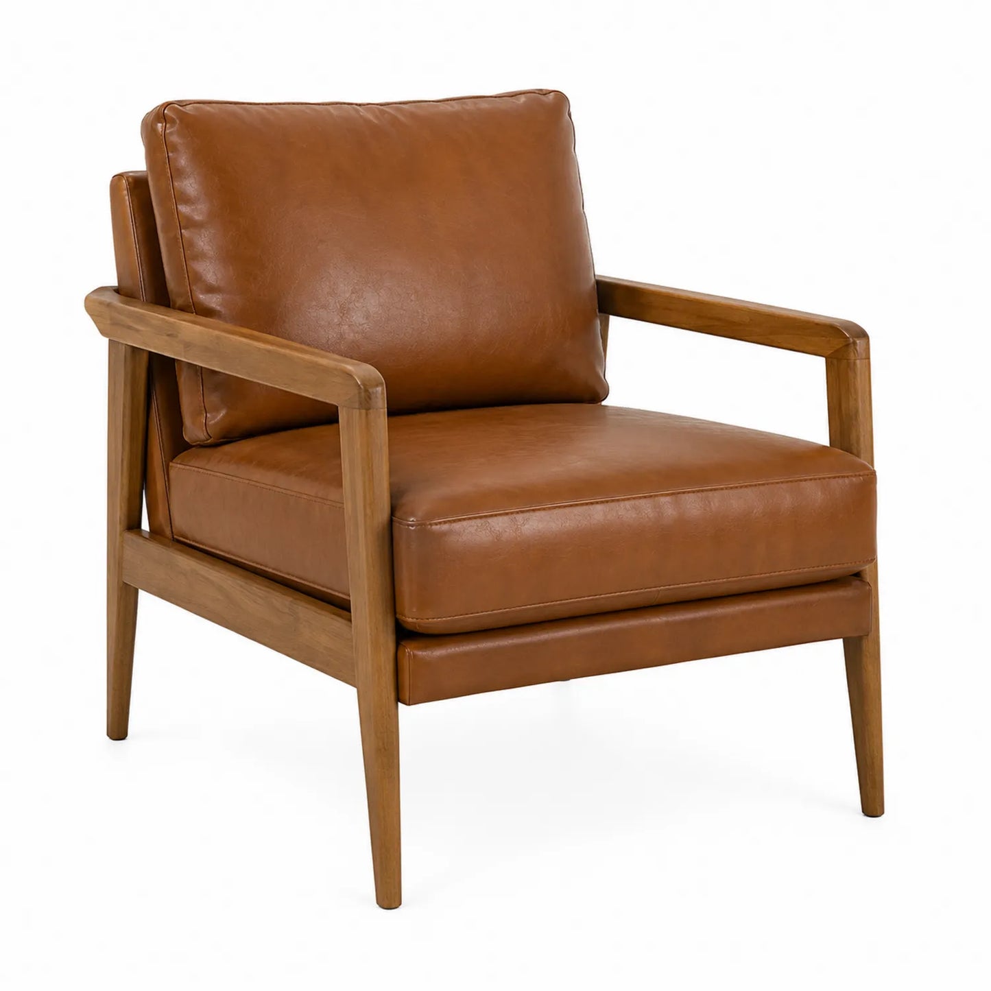 Fauteuil en bois avec coussin en cuir synthétique marron