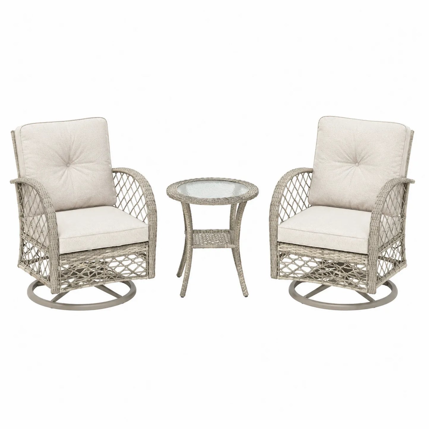 Ensemble de mobilier extérieur en résine avec fauteuils pivotants et table en verre