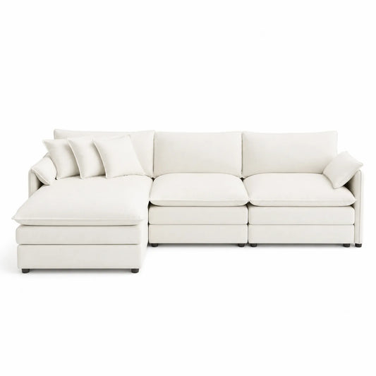 Canapé d'angle modulaire en tissu polyester Beige avec méridienne L300 cm