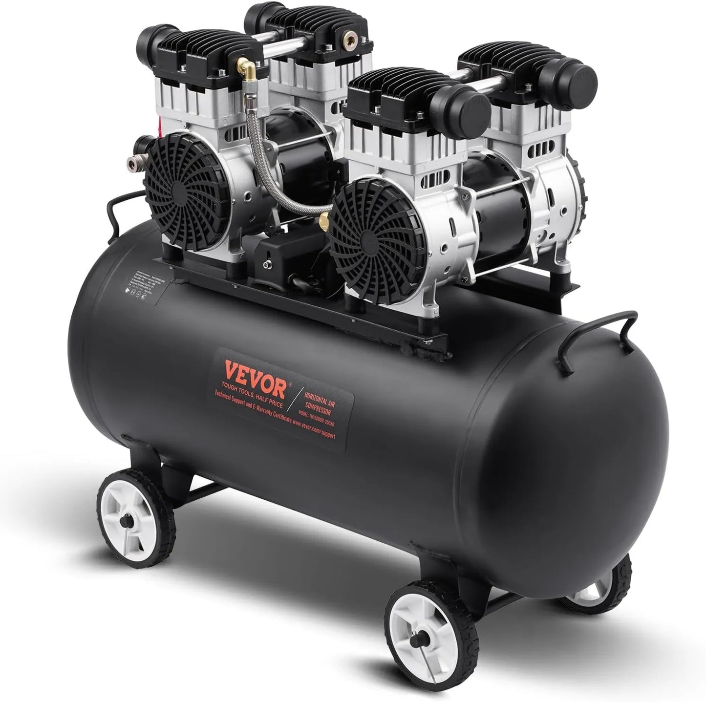 VEVOR Compresseur d'air – 75 L, 2,65 kW, sans huile, silencieux, portable, pour atelier, garage et travaux pneumatiques