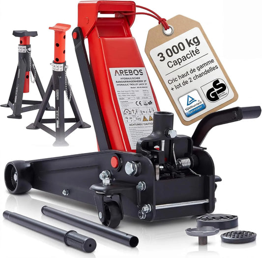 Cric hydraulique automobile – 3T, et 2, hydraulique, pour changement de roue et entretien du véhicule, Arebos