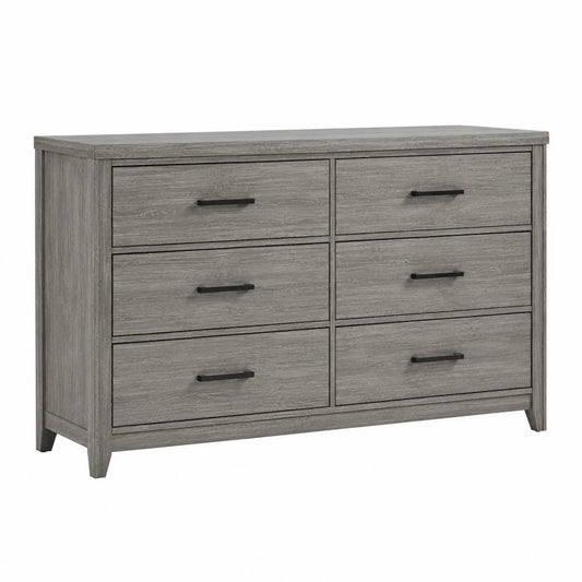 Commode 6 tiroirs en bois gris avec poignées noires