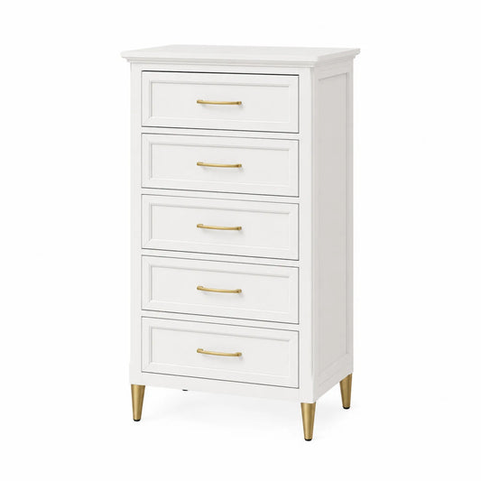 Commode à 5 tiroirs en bois MDF blanc avec poignées et pieds dorés