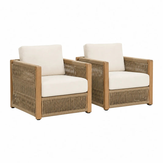 Lot de 2 fauteuils en bois et corde beige