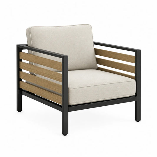 Chaise en aluminium et bois d'acacia avec coussins beiges