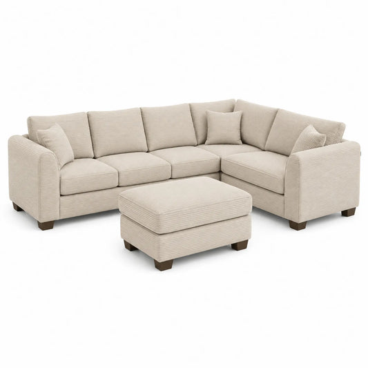 Canapé d'angle en tissu beige avec ottomane