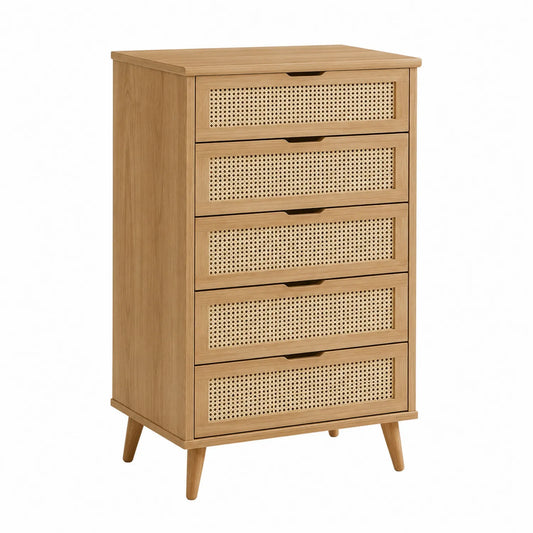 Commode en bois à 5 tiroirs en rotin, chêne clair