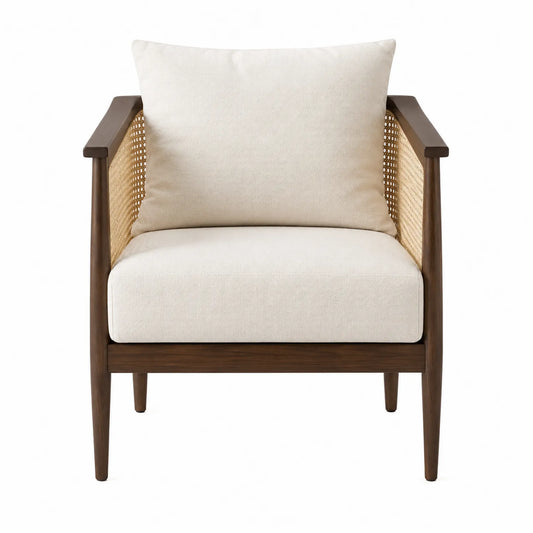Fauteuil en bois et rotin avec coussin beige