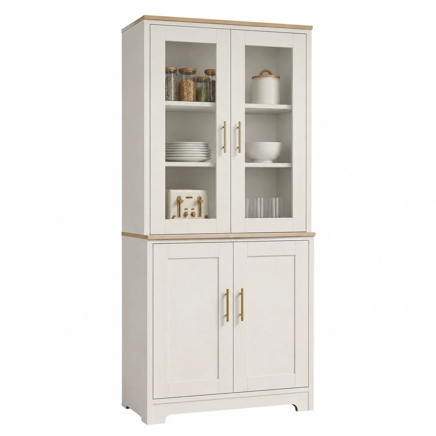 Buffet Haut en Bois Blanc avec Portes Vitrées et Pleines