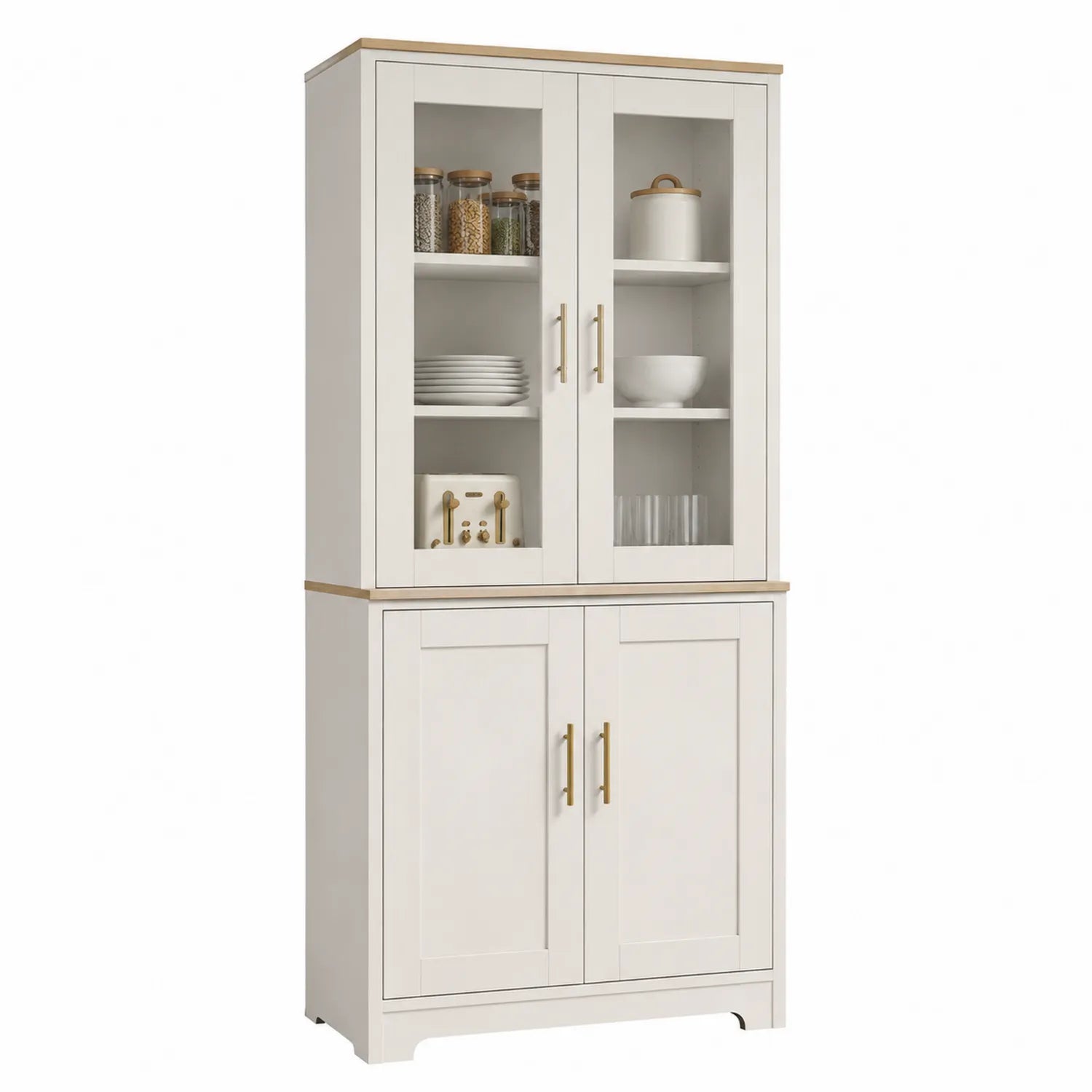 Buffet Haut en Bois Blanc avec Portes Vitrées et Pleines