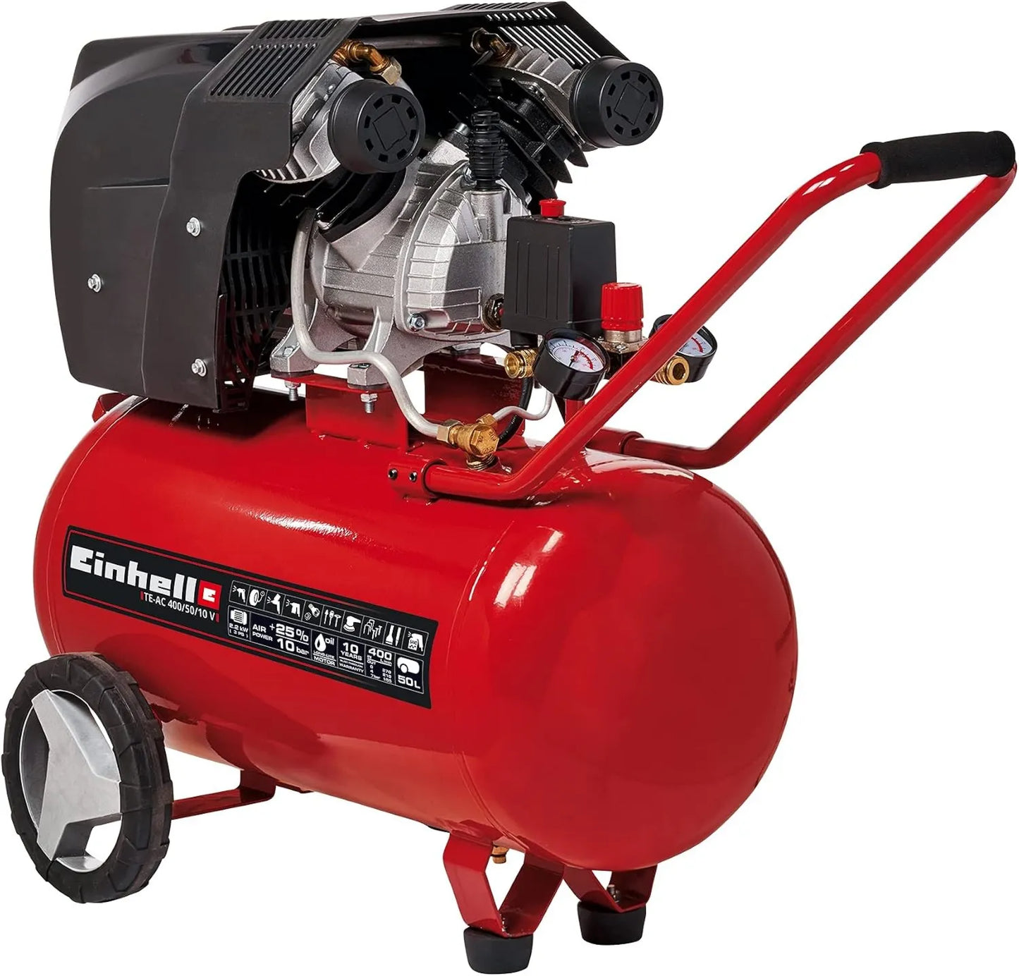 Einhell Compresseur d'air – 10 V, 2200 W, 50 L, 10 bar, 400 l, double cylindre, pour atelier, garage et travaux pneumatiques