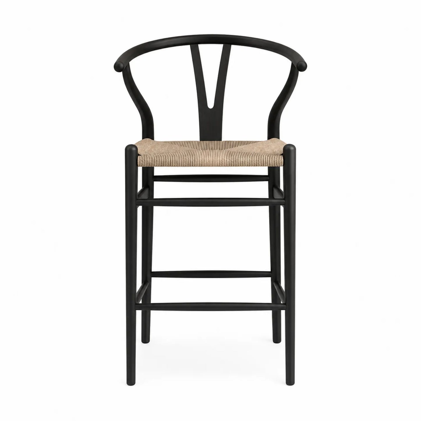 Tabouret de bar en bois avec dossier haut noir et siège en corde tressée