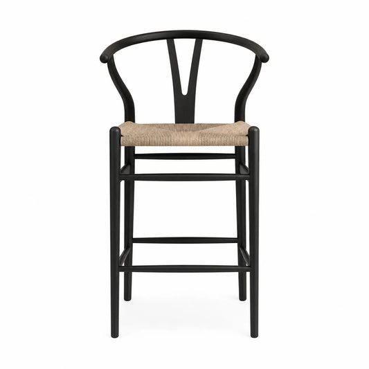 Tabouret de bar en bois avec dossier haut noir et siège en corde tressée