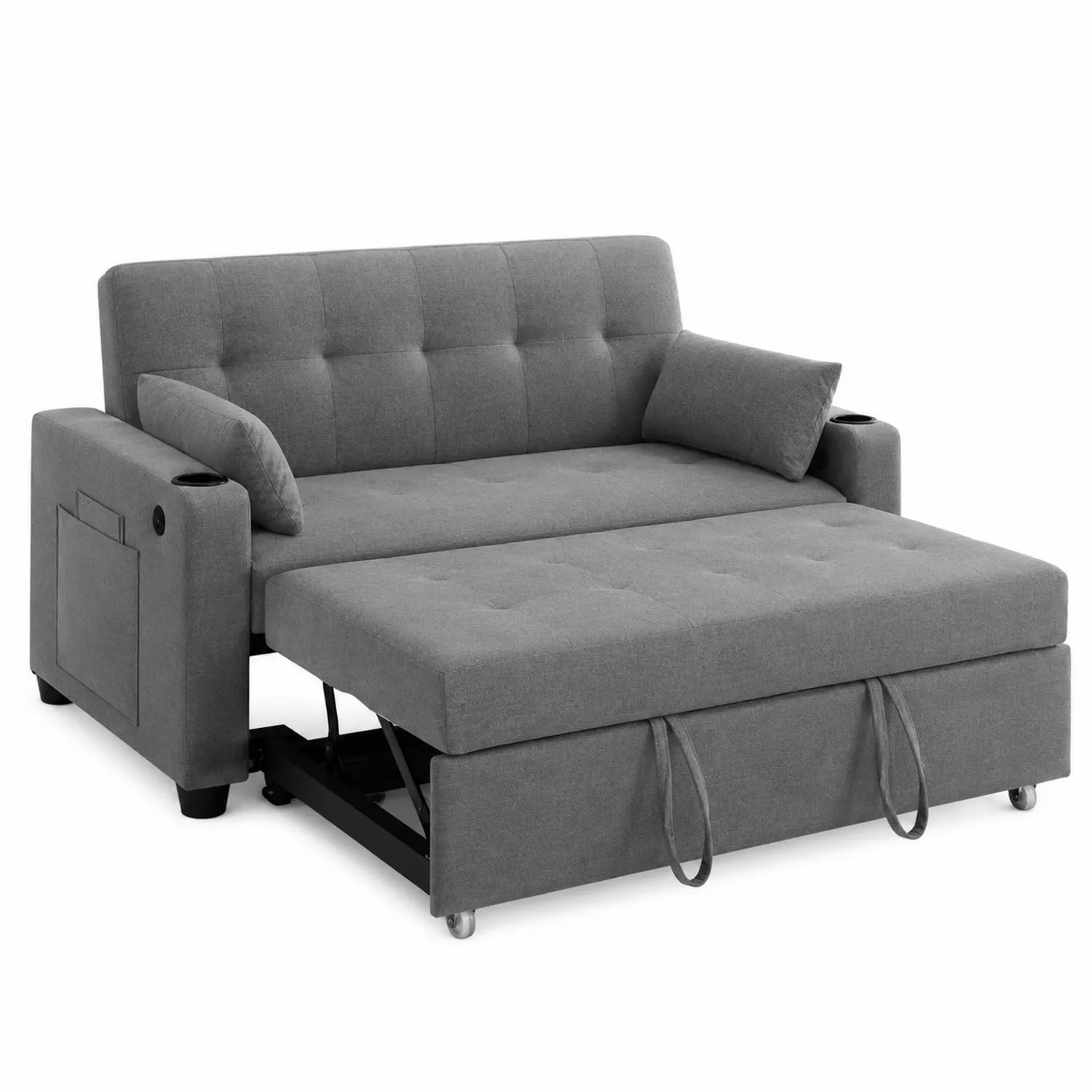Canapé convertible en tissu avec accoudoirs et rangement - Gris