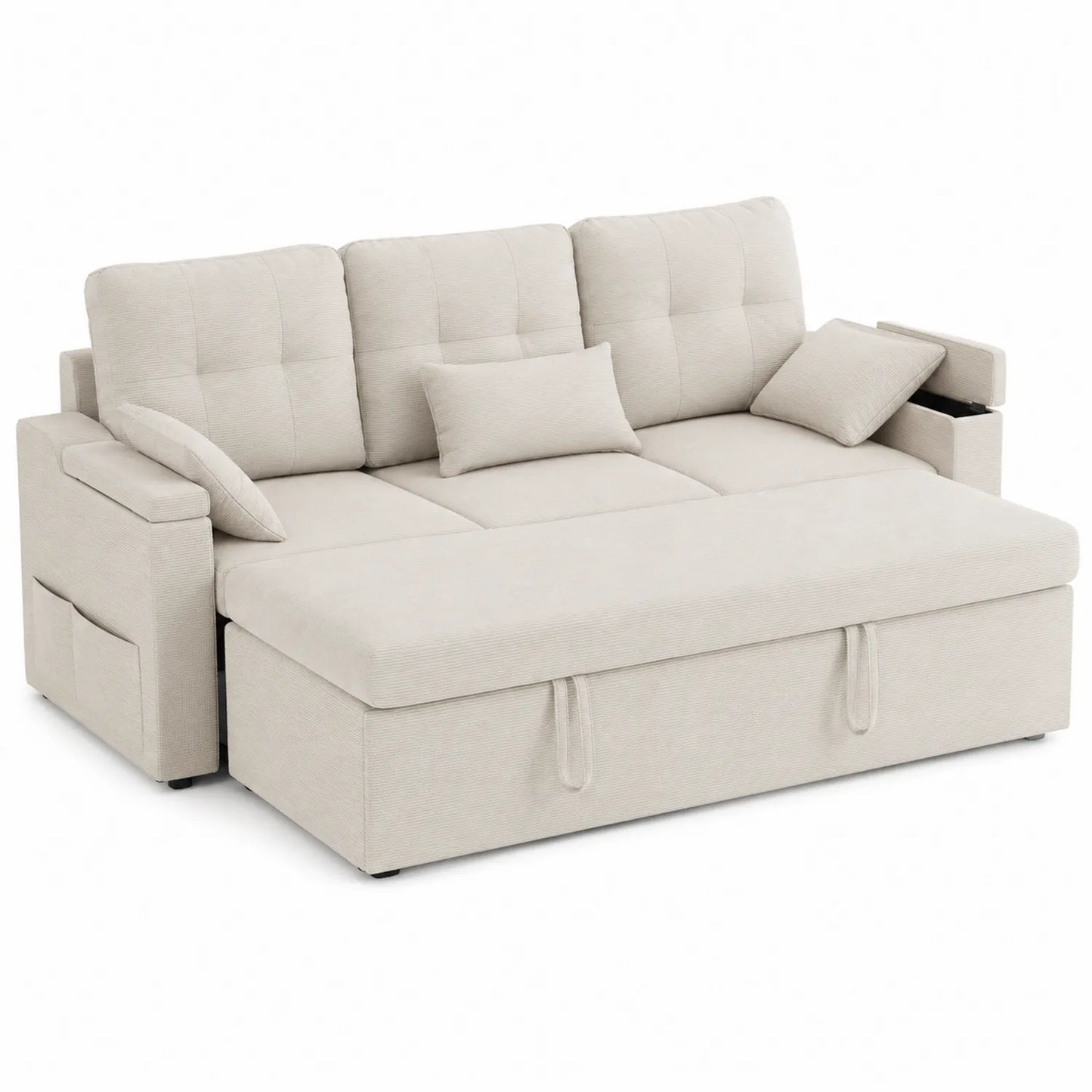 Canapé convertible en tissu beige avec rangement