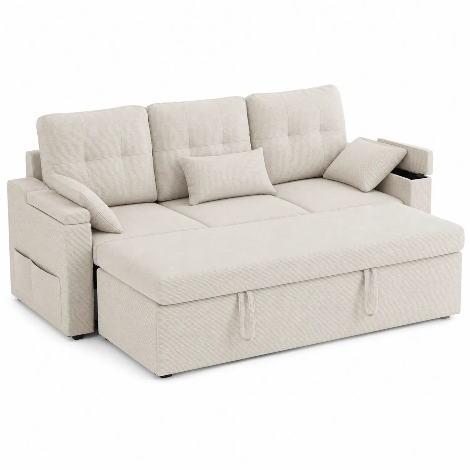 Canapé convertible en tissu beige avec rangement