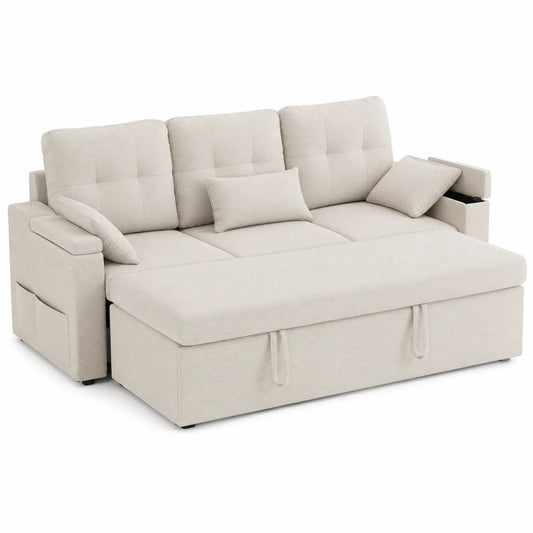 Canapé convertible en tissu beige avec rangement