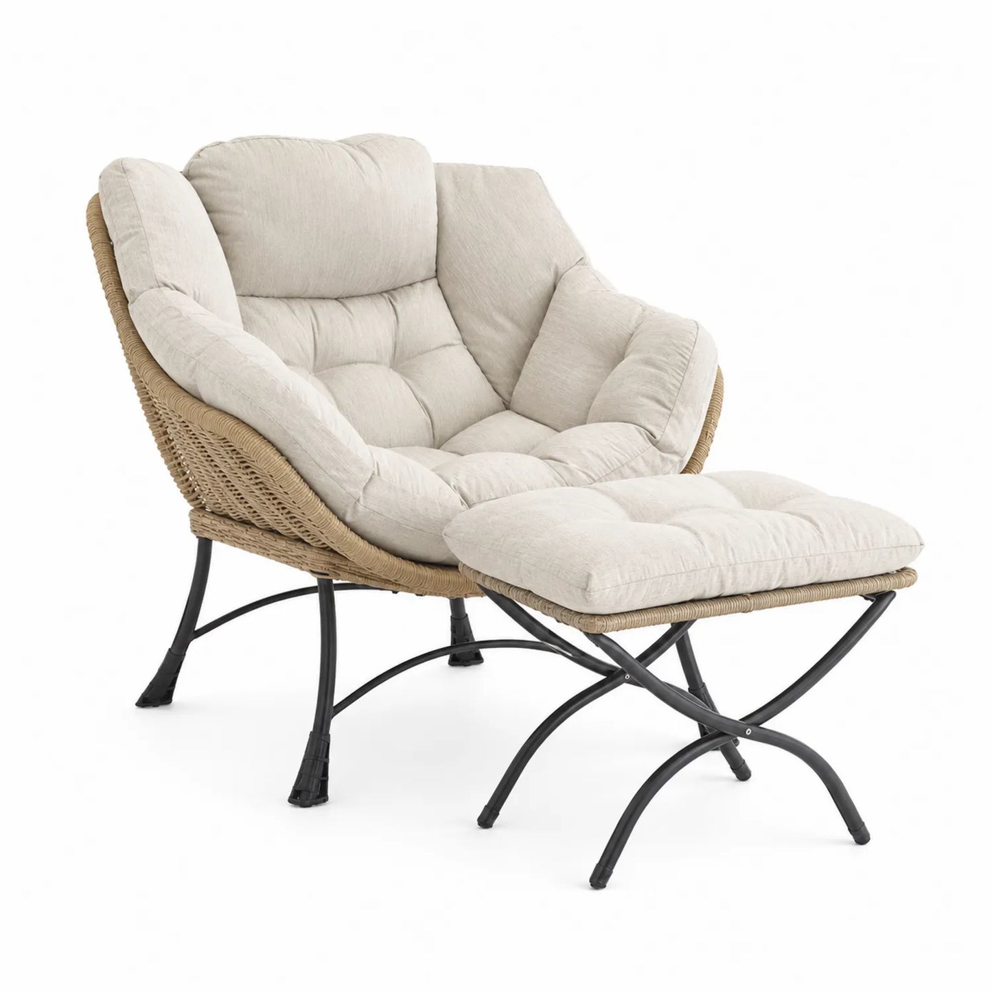 Fauteuil avec repose-pieds en rotin et métal beige