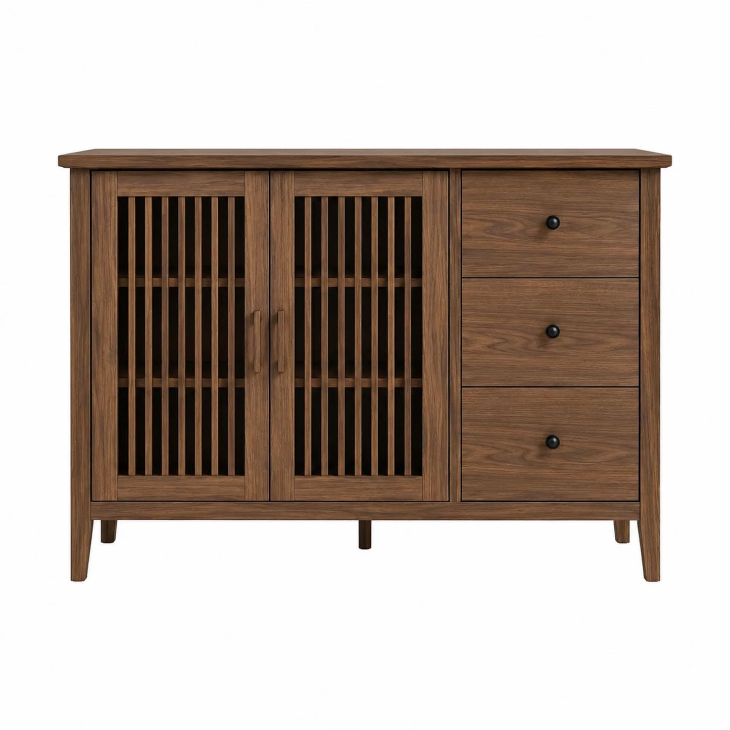 Buffet en Bois avec Portes à Lattes et 3 Tiroirs Marron