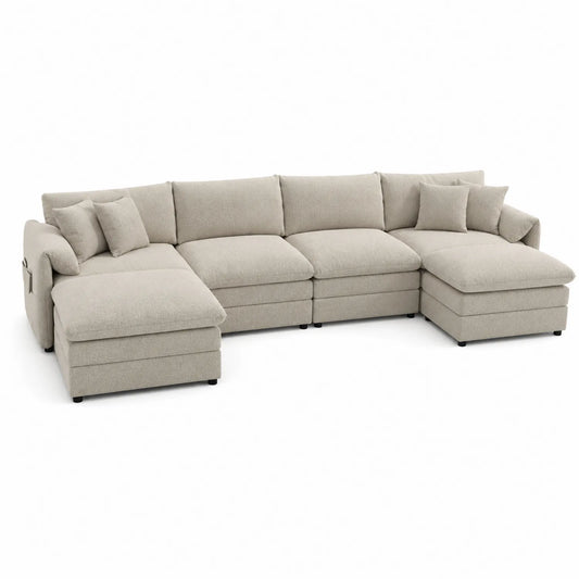 Canapé d'angle modulable en tissu beige avec accoudoirs et coussins